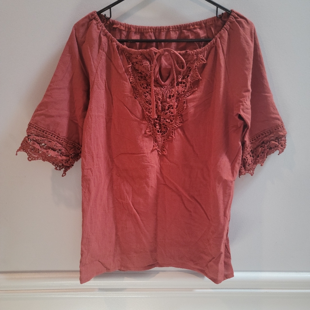 Womens blouse orange/salmon/light brown tie close embroidered 3/4 sleeve 3XL